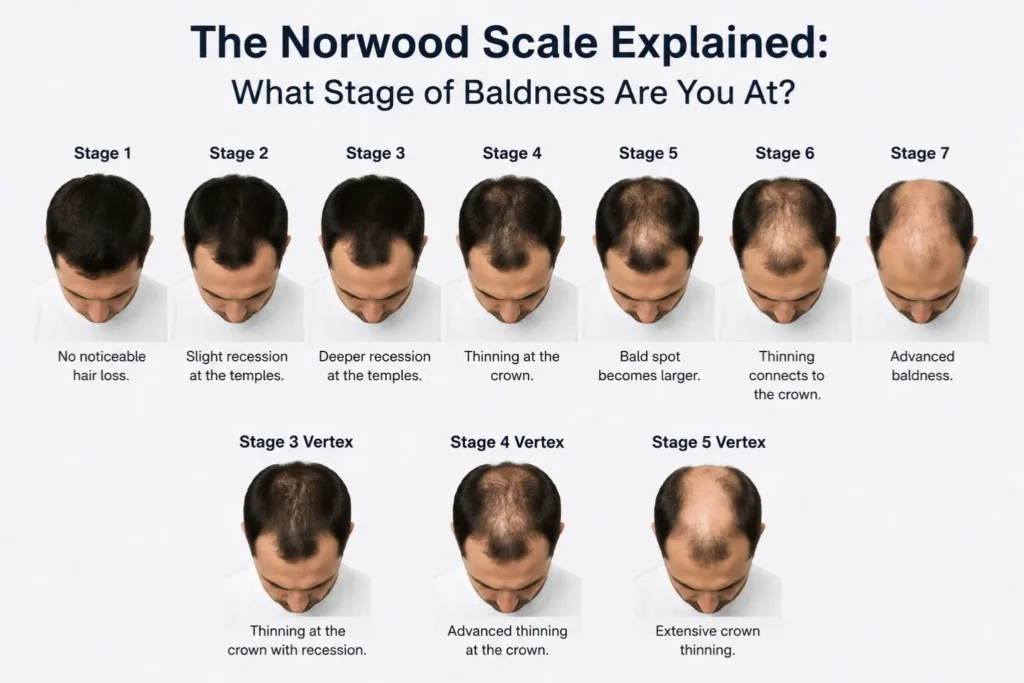 A chart depicting various stages of Hair Loss according to Norwood scaling